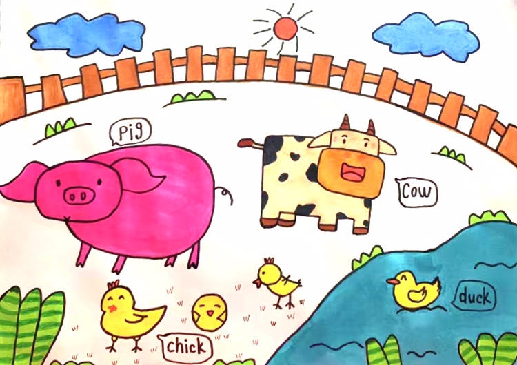 英语农场动物单词儿童画手抄报模板电子小学生简笔画绘画横版