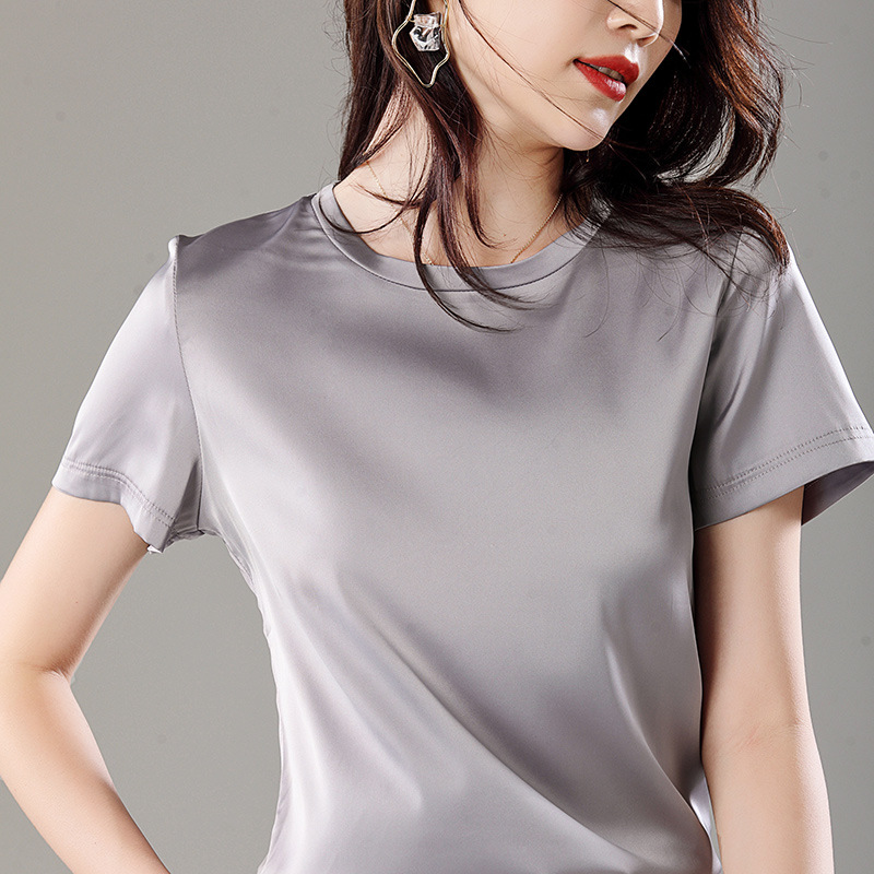 醋酸缎面t恤女2021夏季新款丝滑拼接纯色短袖修身通勤圆领设计感