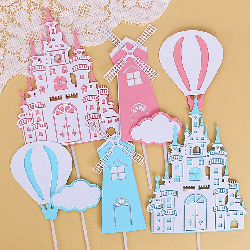 10套生日蛋糕插件粉色蓝色城堡风车热气球云朵写字牌儿童烘焙插牌