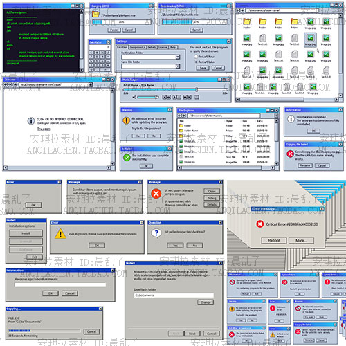 Windows95电脑系统弹出窗口框警告图标文件夹矢量eps素材