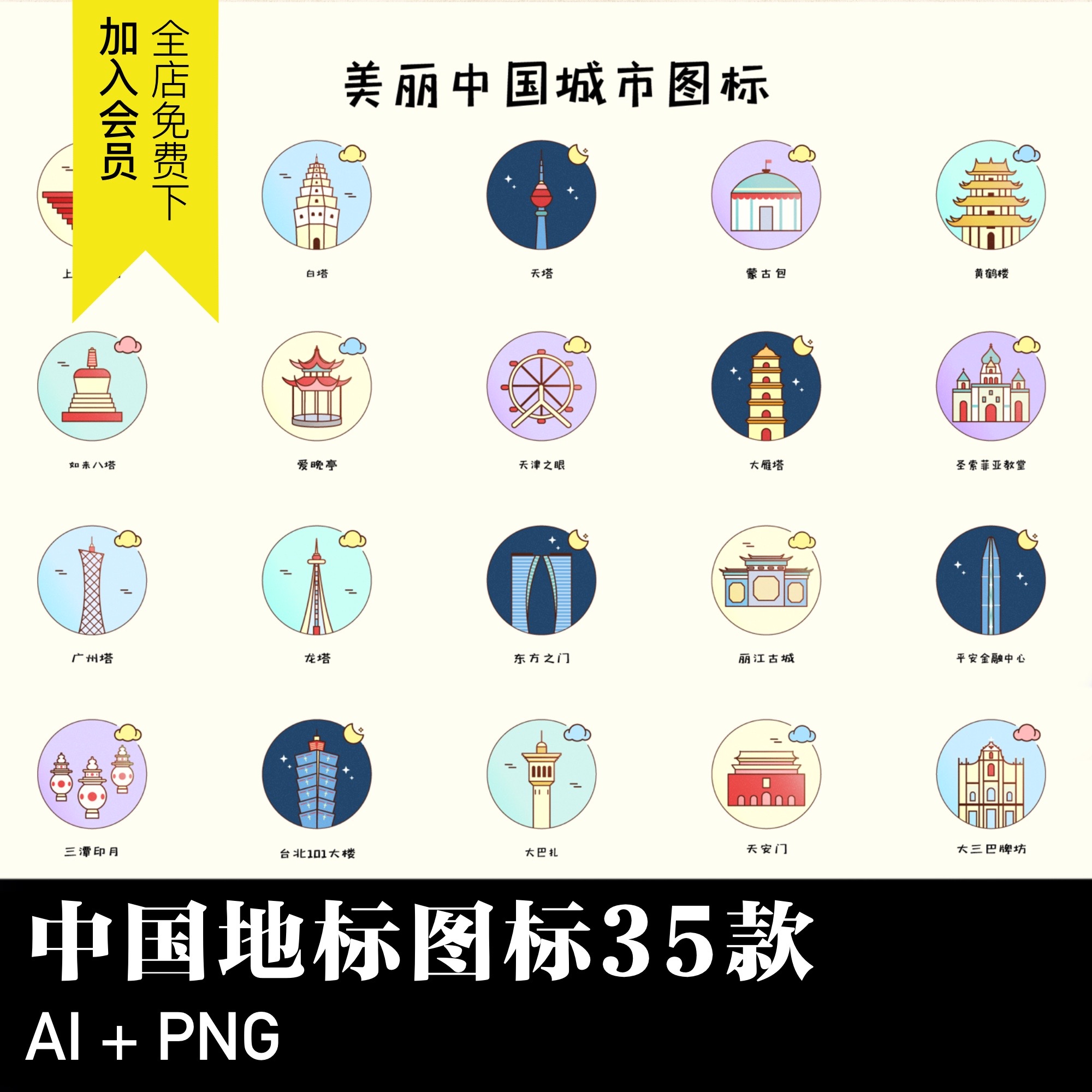 中国省份城市地标建筑图标icon线性插画扁平ai矢量png免抠素材