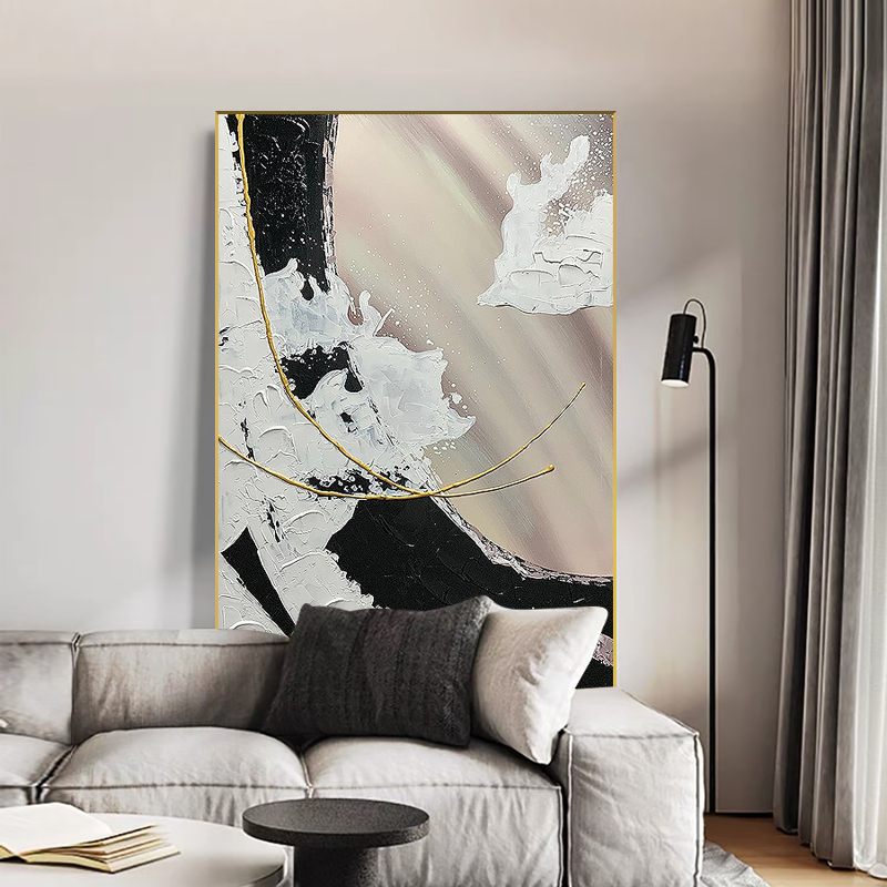 手绘海浪黑白抽象油画新款客厅装饰画轻奢高级感室内艺术极简挂画