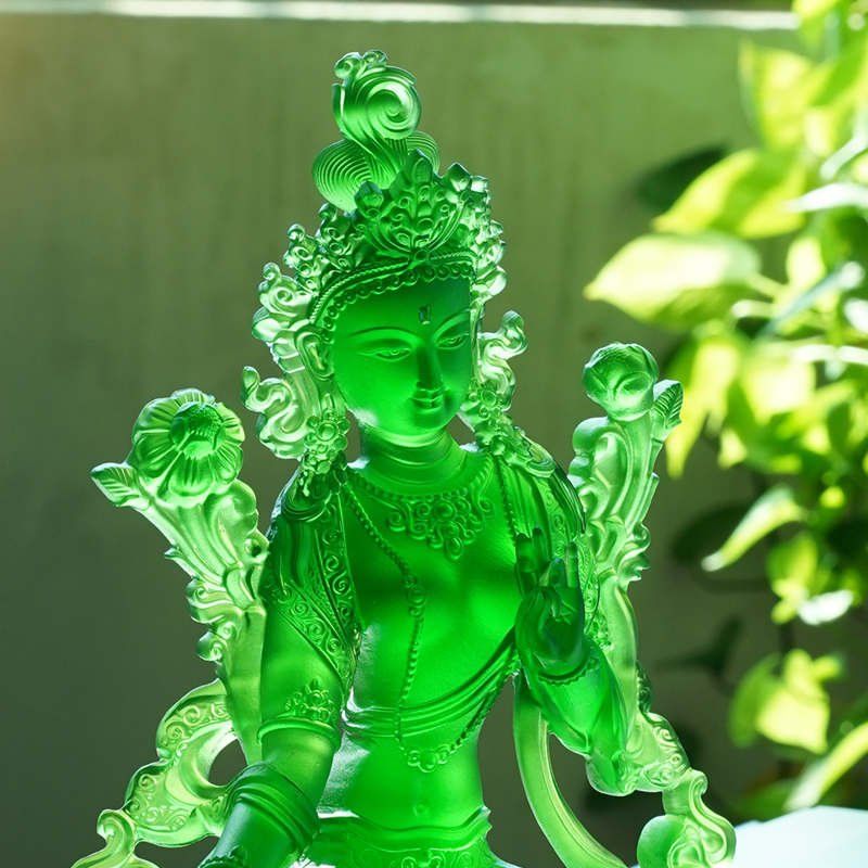 尼泊尔藏式琉璃绿度母佛像摆件家庭家用供奉观音佛像菩萨镶嵌宝石