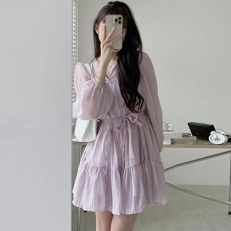 韩国chic春季法式温柔V领系带褶皱肌理感设计小个子长袖连衣裙女