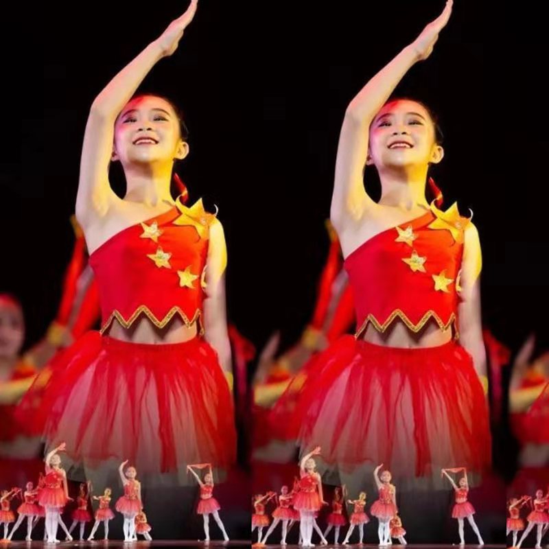 我和我的祖国舞蹈演出服儿童合唱服女童蓬蓬裙中国风红领巾表演服