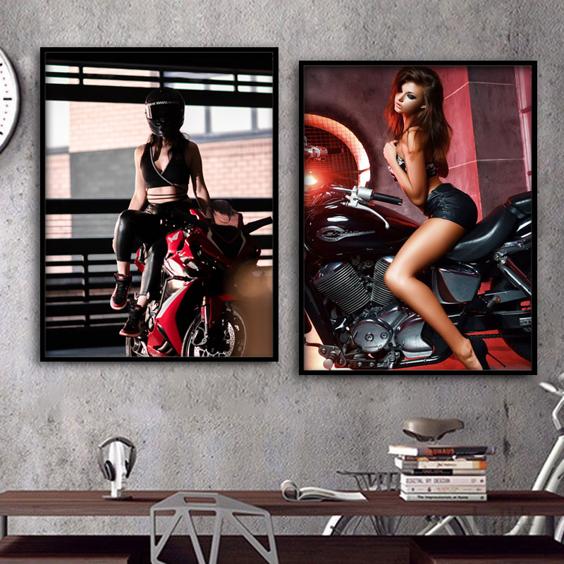 哈雷机车美女海报挂画摩托车俱乐部壁画KTV酒吧背景墙卧室装饰画