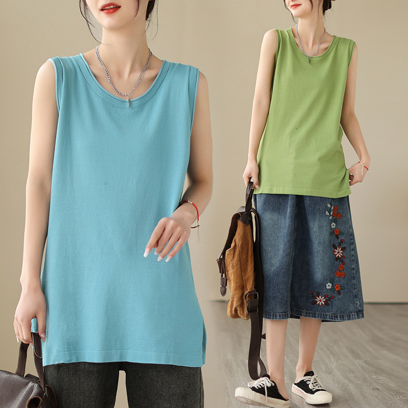 韩版设计感圆领卷边无袖背心女夏季时尚高级感纯色百搭针织T恤潮
