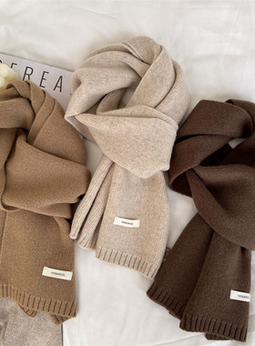 100%澳洲纯羊毛小围巾女冬季2023新款棕色保暖针织百搭女围脖韩版