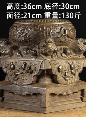 中式复古雕刻青石茶馆摆件四狮子抱鼓石雕门墩浮雕方石墩石底座