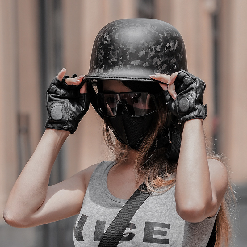 碳纤维头盔复古瓢盔3C认证摩托车半盔哈雷巡航机车德式大兵盔