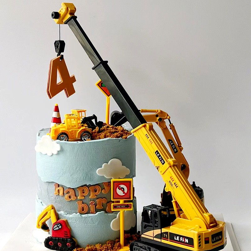 大吊车起吊机蛋糕装饰摆件起重机挖机推土机男孩儿童生日插件