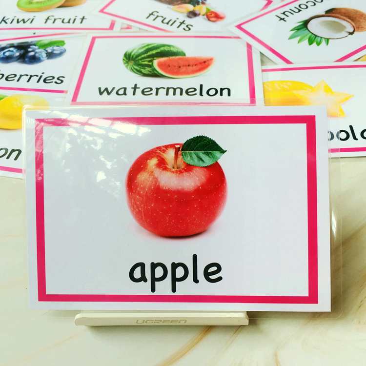 英语卡片塑封防水闪卡实物水果图28张儿童英文单词卡认知教具彩图