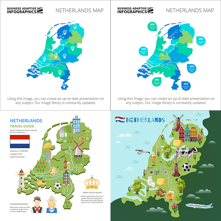 荷兰旅游文化地图 4款简单旅行国家地图背景 AI格式矢量设计素材