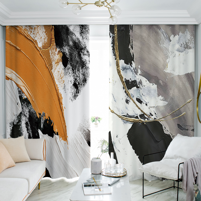 手绘油画立体抽象黑白橙全遮光窗帘肌理画客厅卧室防晒遮阳布现代