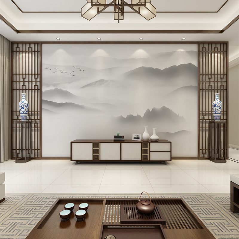 新中式意境山水墙纸客厅电视背景墙壁纸卧室影视墙壁布定制壁画