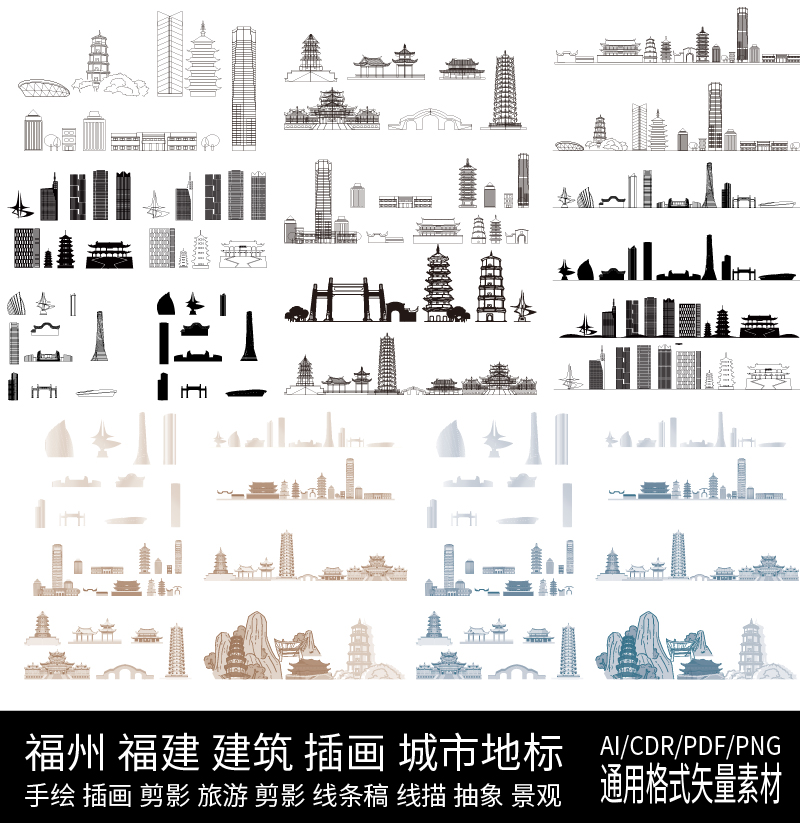 福州福建建筑天际线条描稿地标城市景点剪影旅游设计插画手绘素材