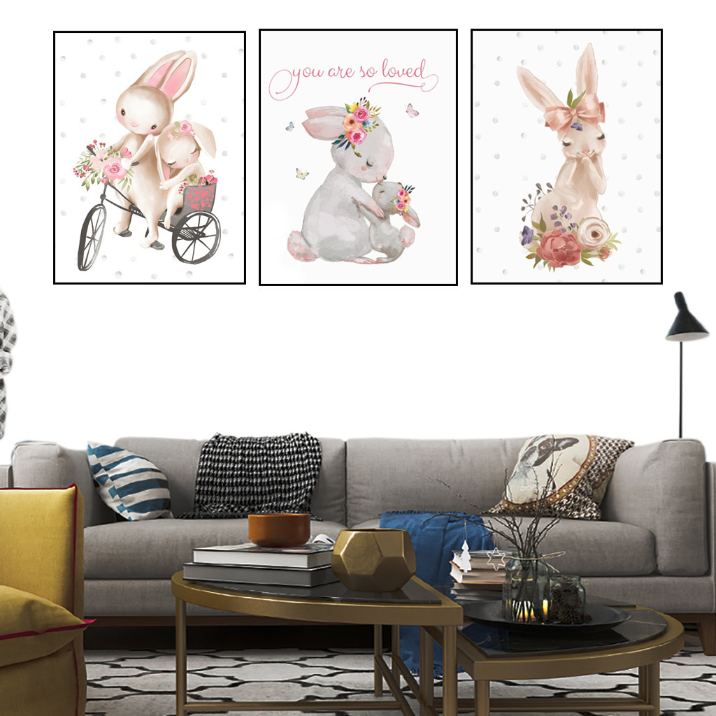 外贸爆款北欧现代简约卡通水彩兔子骑自行车装饰画客厅儿童房画芯