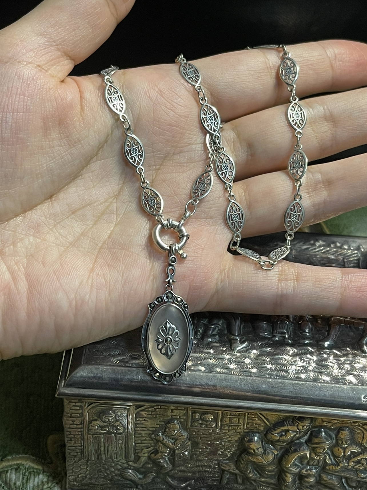 19世纪通体925银法银链手链项链绸缎花纹立体手工编织质感工艺绝