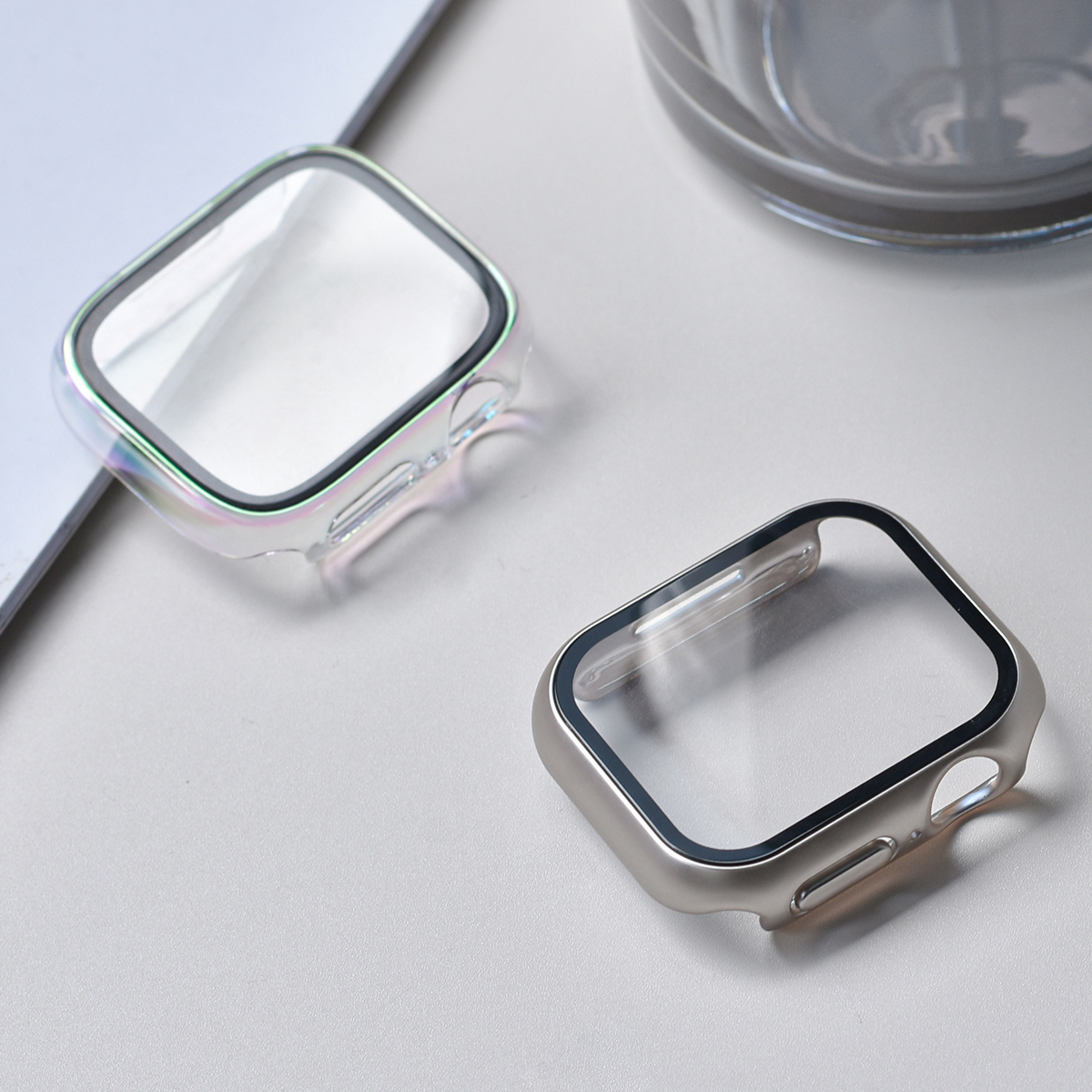 适用于AppleWatch苹果手表S9钢化膜保护壳一体式iWatch S8保护套SE/7/6/5/4/3代全包套装超薄40/44/41/45夏
