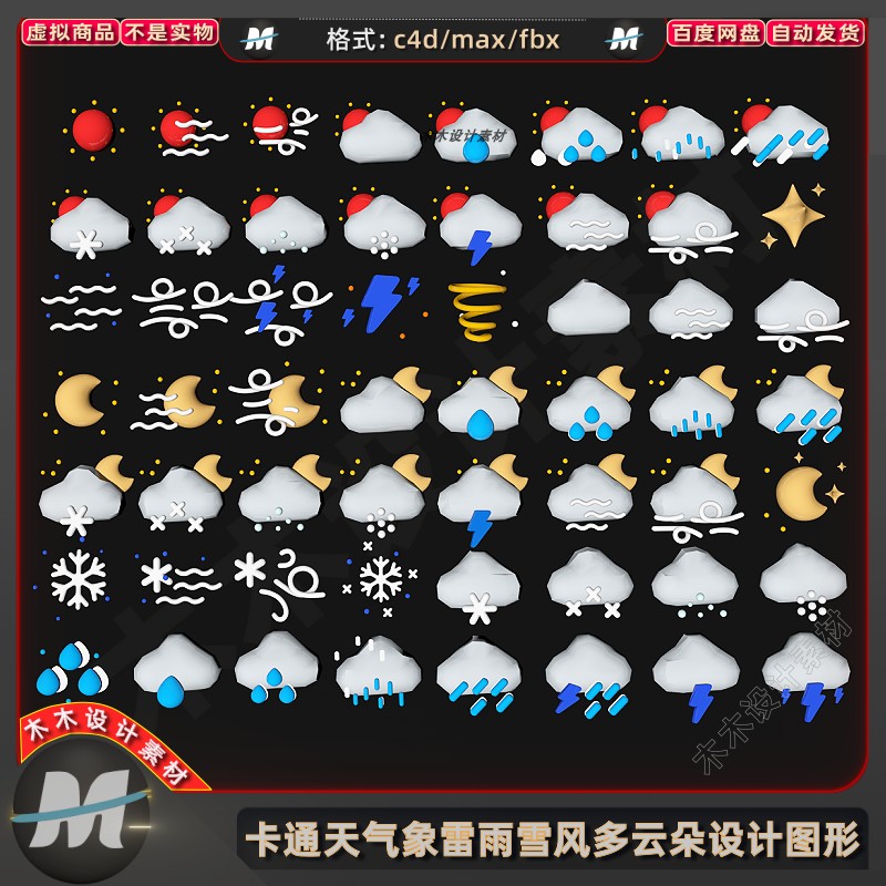 C4Dmax卡通天气预报图标图形设计多云转阴晴雷暴风雨雪3D模型素材