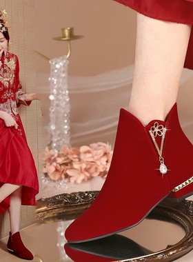 GG。潮牌平底婚鞋女冬季短靴秀禾婚纱两穿新娘鞋中式结婚红色加绒