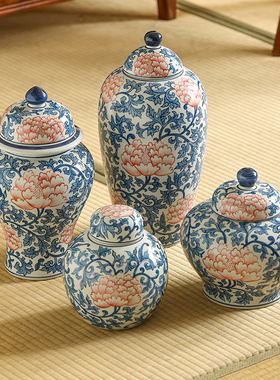景德镇新中式红花青花瓷陶瓷花瓶高级感电视机陶瓷摆件陶瓷饰品