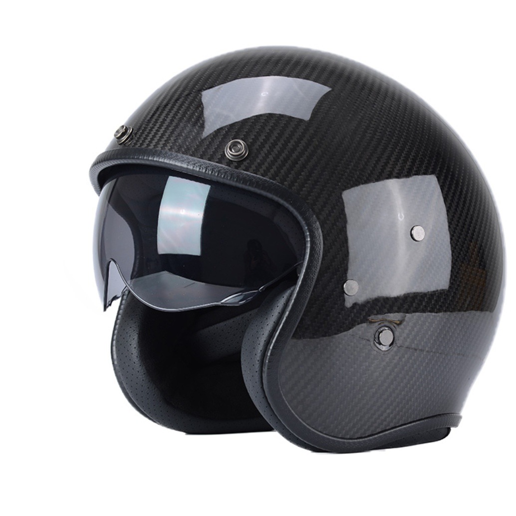 3/4碳纤维头盔哈雷摩托车头盔复古半盔内置镜片机车头盔3C认证