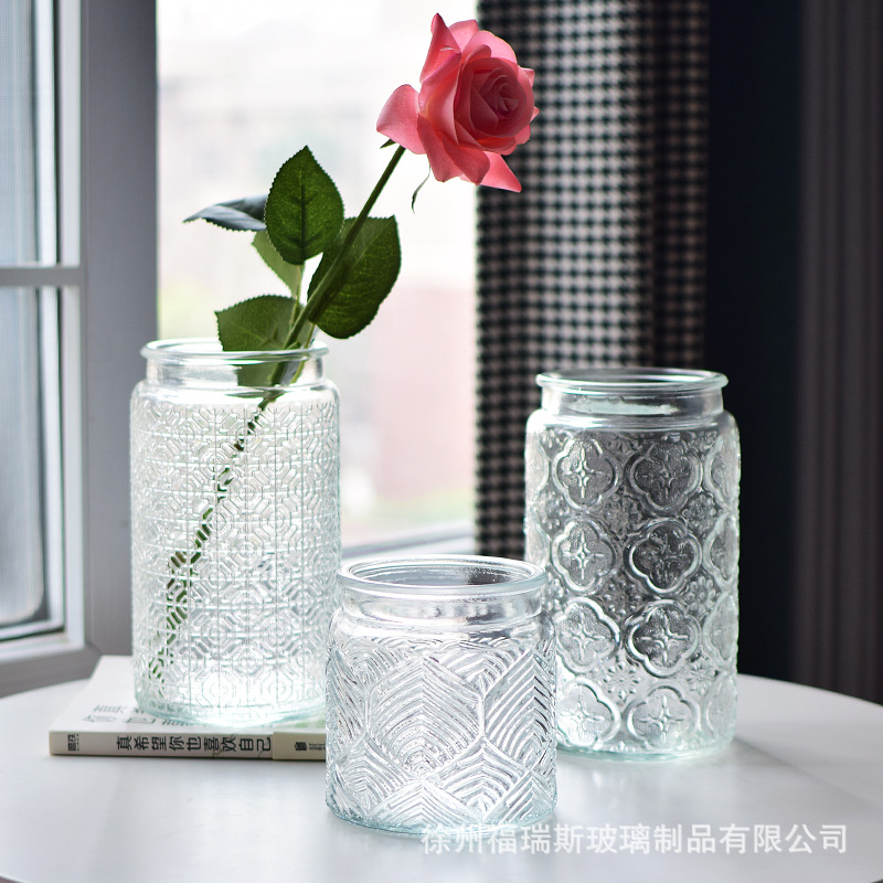 【萌巧匠】浮雕花纹玻璃花瓶透明图案水培插花家居古典风装饰摆件