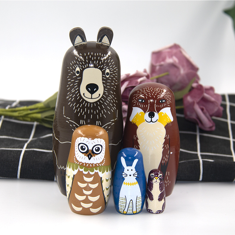 俄罗斯套娃卡通棕熊五层森林熊木质工艺品景区礼物礼品