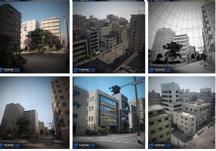 日本风格写实四个街区街道建筑3d模型素材C4D 3dmax maya U3D ue5