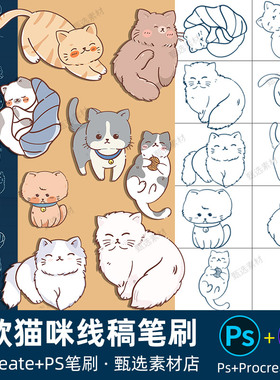 ps笔刷Procreate笔刷可爱卡通小猫手绘猫咪动物插画辅助线稿图片
