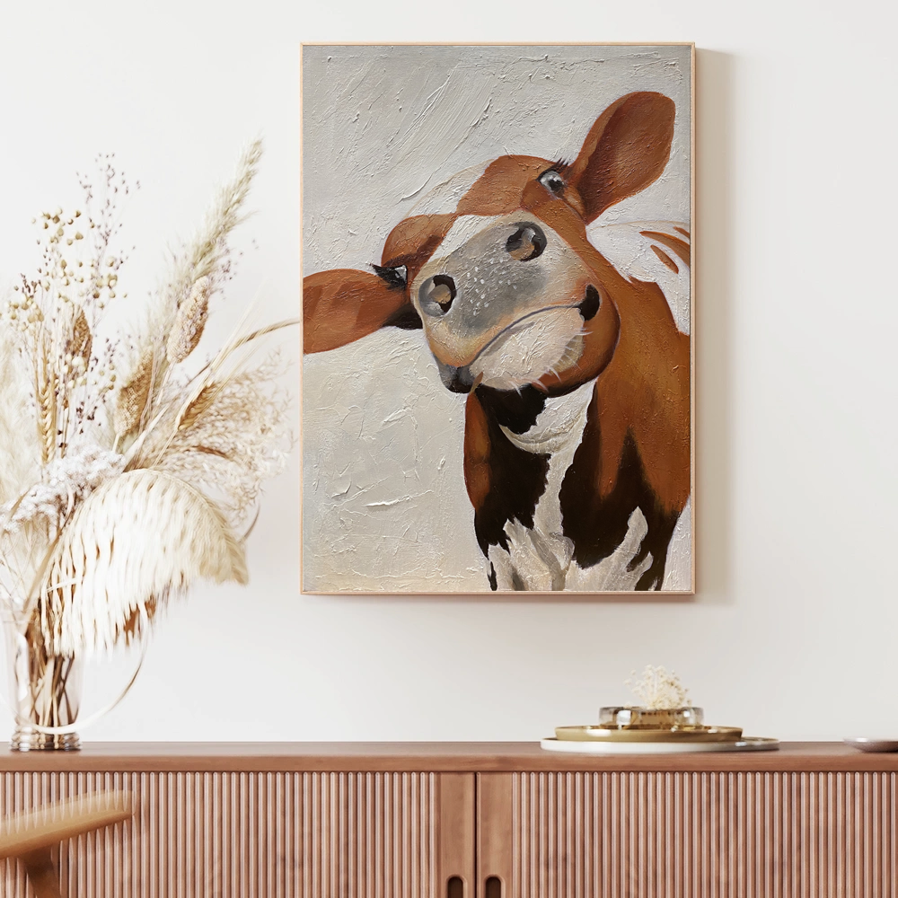 现代牛气冲天客厅可爱动物牛装饰画肌理高级油画玄关餐厅中古挂画