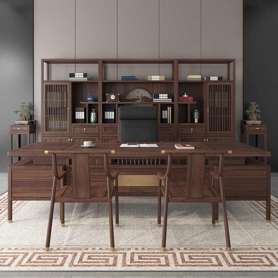 新中式大班台实木老板长书桌书柜总经理桌椅组合董事长办公室家具