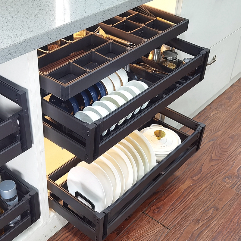 厨房橱柜双层碗碟工具抽拉篮铝合金烟道浅柜体深度400以内阻尼轨