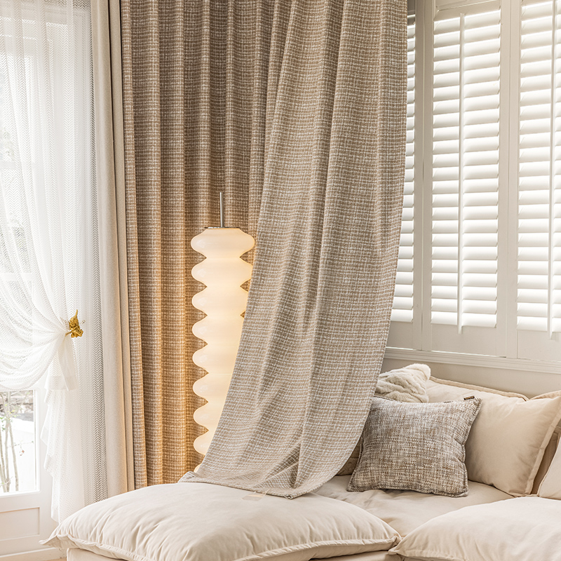 法欧雅现代简约小香风羊驼绒燕麦色遮光窗帘质感麻客厅卧室北欧