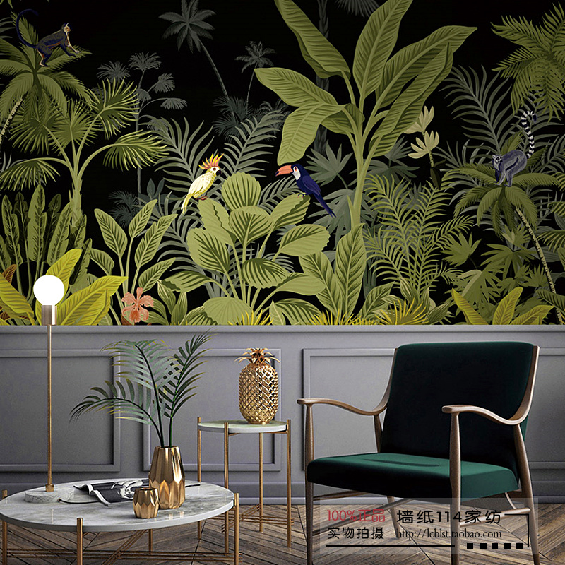 北欧风格订制壁画 热带丛林 芭蕉叶 简约背景墙壁纸  植物小猴子