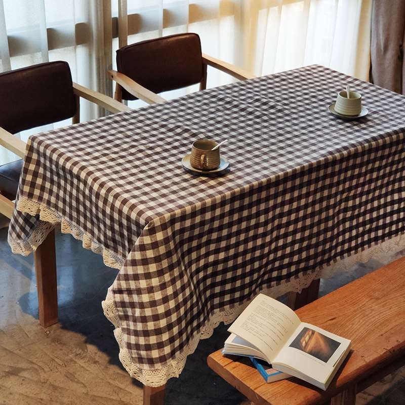 高档日系 桌布 老粗布 蕾丝花边长方形餐桌布 帆布格子图案 日式