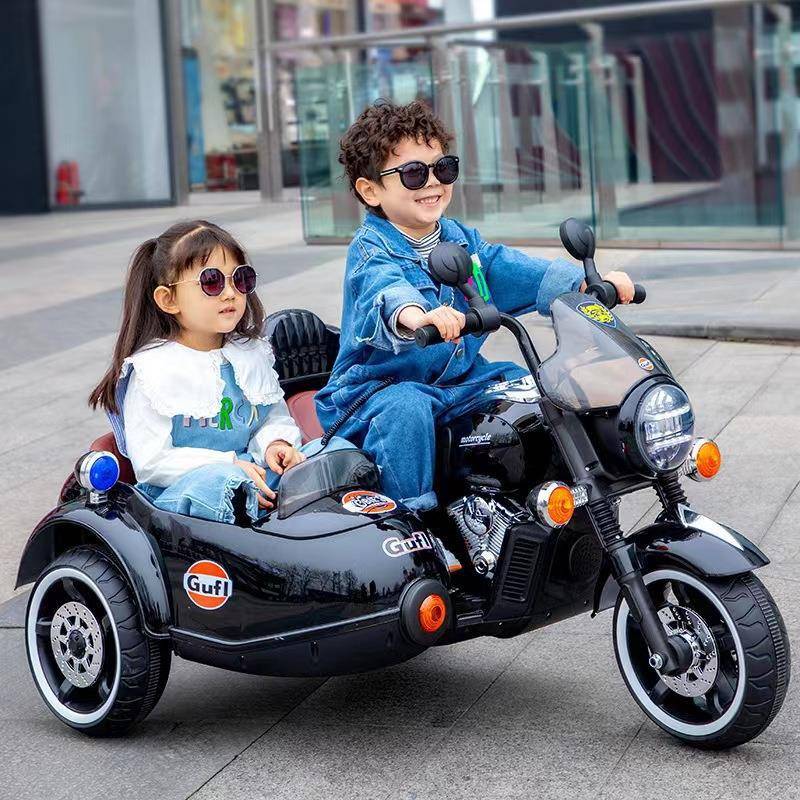 儿童电动摩托车小孩三轮电动车挎斗双人摩托车大号双驱童车