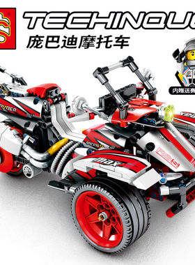 兼容乐积木机械回力三轮摩托车车模跑车赛车拼组装模型儿童玩具高