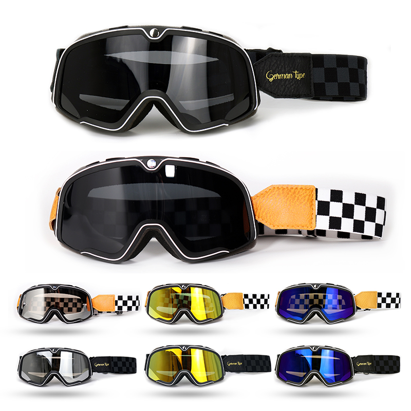 复古黑白棋盘格摩托车风镜 3/4头盔骑士护目镜滑雪通用