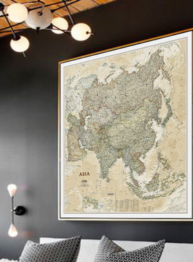 亚洲地图英文ASIA油画布画芯蓝色仿古风格竖款订制大型装饰画背景