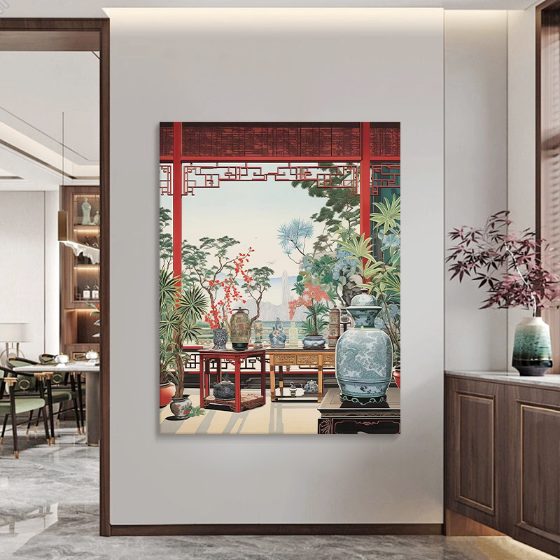 新中式青花瓷客厅餐厅装饰画中国风花瓶手绘油画植物花卉玄关挂画