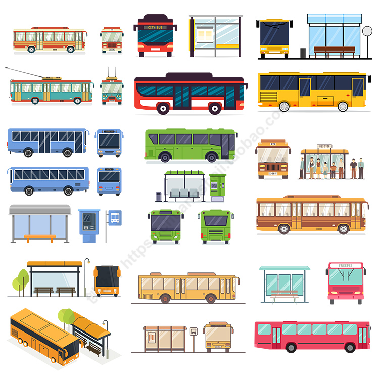 卡通公交车插画 扁平化巴士侧视正视图车站台 AI格式矢量设计素材