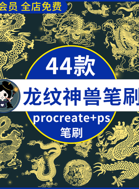 手绘传统中国风龙纹图案ps/procreate笔刷 刺青图案装饰插画素材