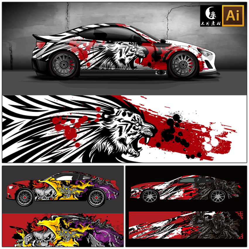凶猛怪兽动物汽车涂鸦桥车赛车改装文化贴纸贴花拉花图案设计素材