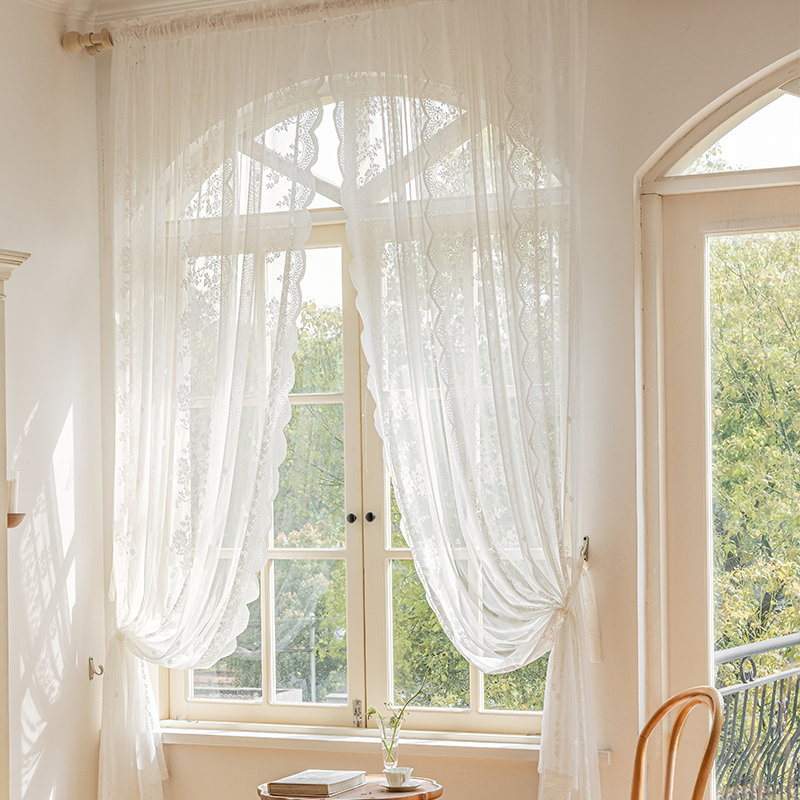 免打孔魔术贴穿杆窗帘窗纱帘法式白色蕾丝客厅阳台飘窗门帘短隔断