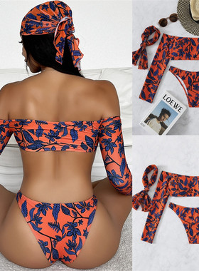 2021欧美新品印花三件套长袖性感抹胸比基尼ins热卖泳装沙滩泳衣