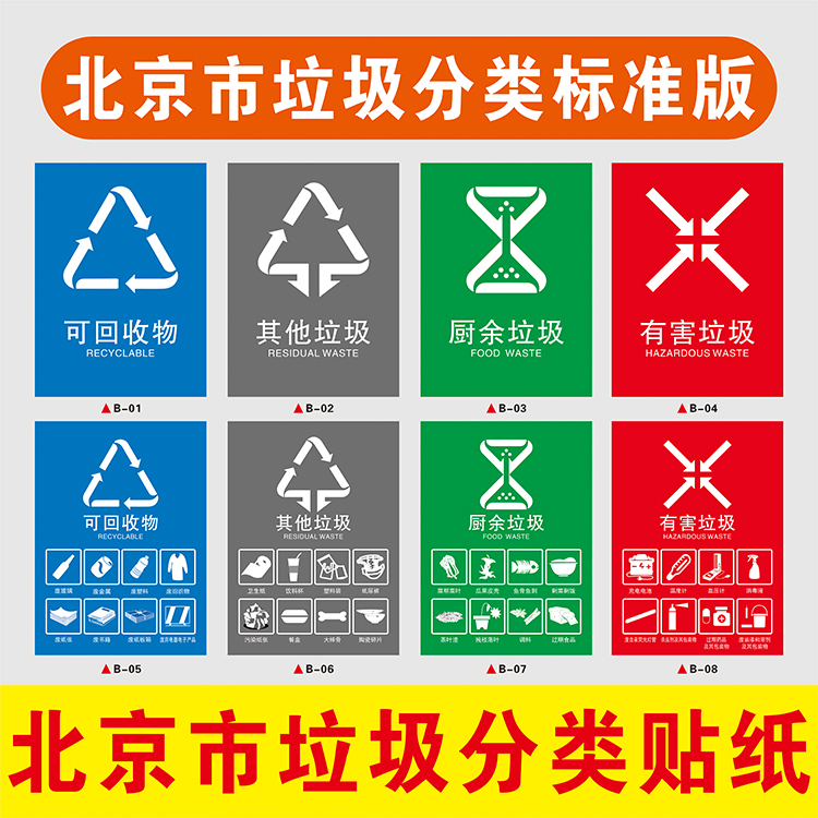 北京市生活垃圾分类贴纸标识牌不可回收其他苏州杭州市垃圾桶分类