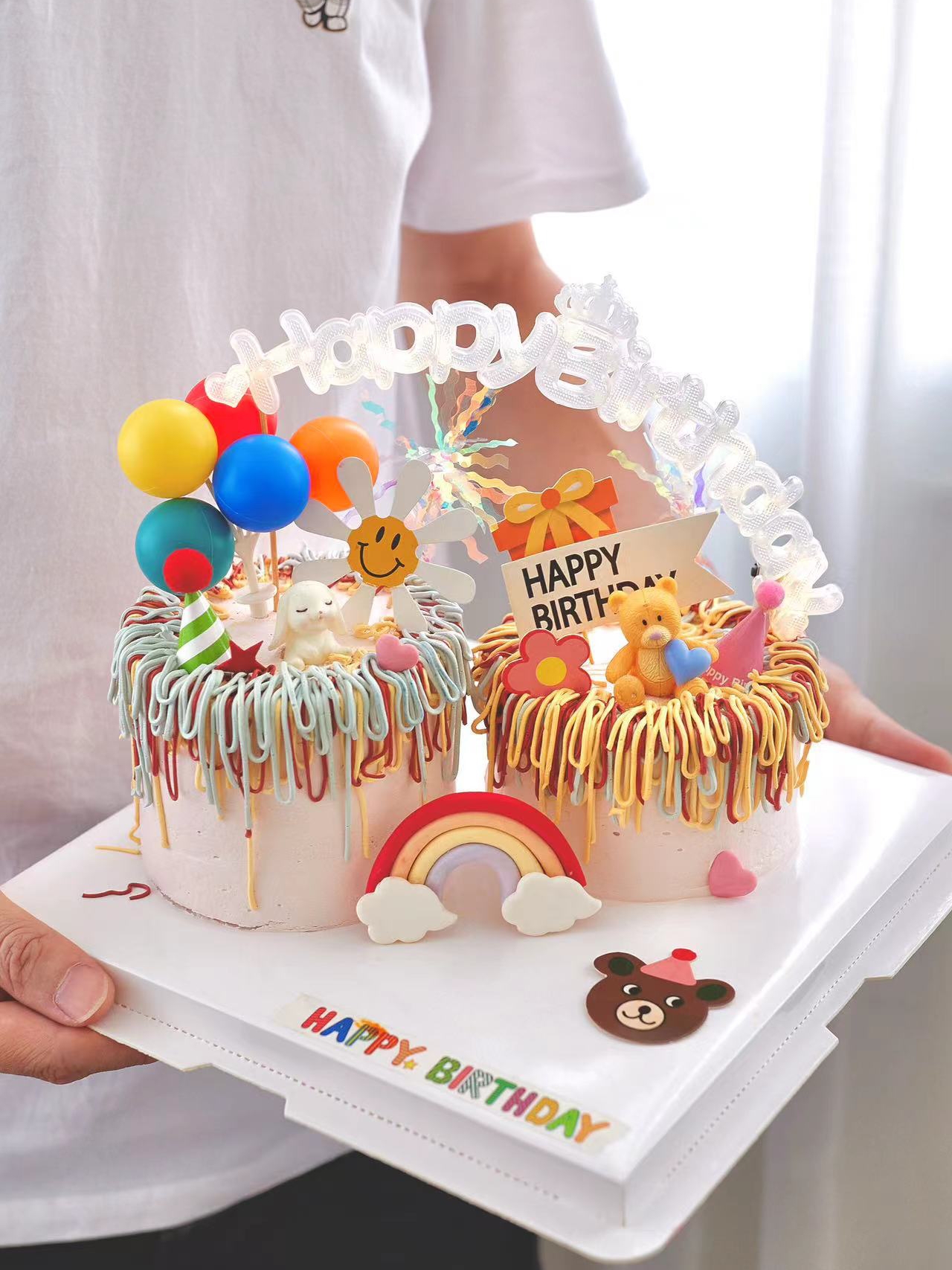 网红ins风生日灯蛋糕装饰摆件卡通帽子小熊复古气球彩虹创意插件