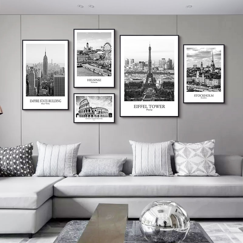 建筑风景黑白装饰画巴黎埃菲尔铁塔伦敦纽约城市海报客厅卧室挂画